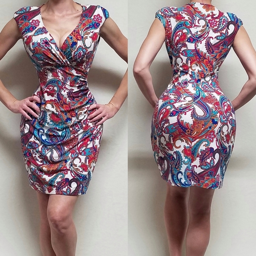 Lauren Ralph Lauren Multi-Color Paisley Cap Sleeve Surplice Neckline Mini Dress